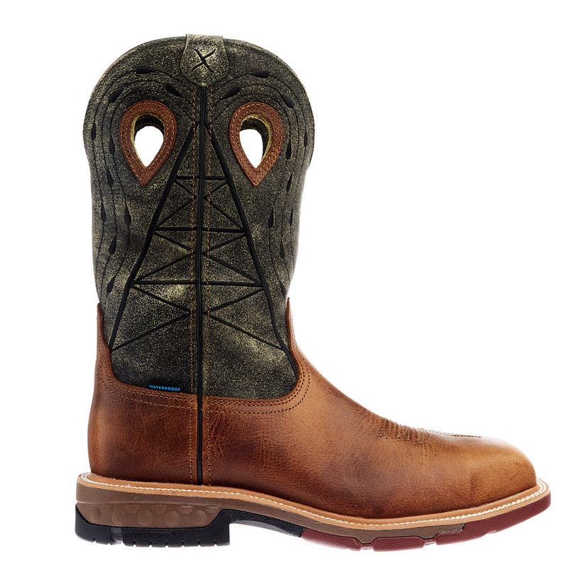 Twisted X Men`s Western Pull On Brown and Olive 12In Nano Square Toe H2O Work Boot