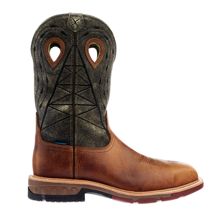 Twisted X Men`s Western Pull On Brown and Olive 12In Nano Square Toe H2O Work Boot
