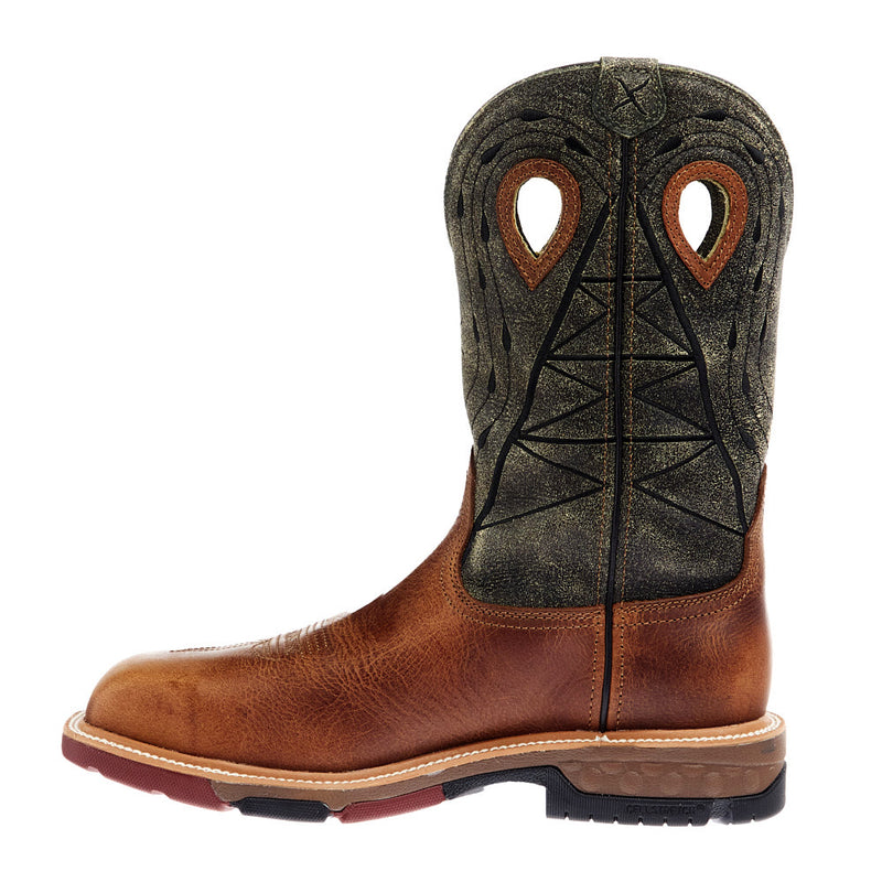 Twisted X Men`s Western Pull On Brown and Olive 12In Nano Square Toe H2O Work Boot