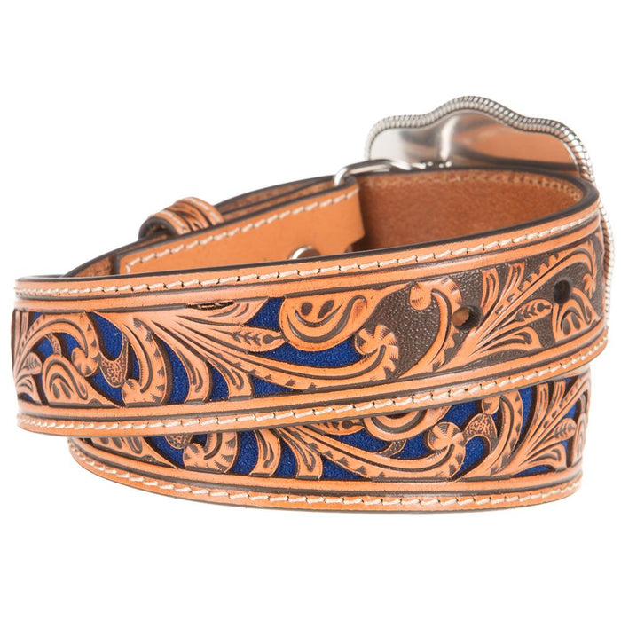 Boys Brown Belt With Blue Inlay Scroll