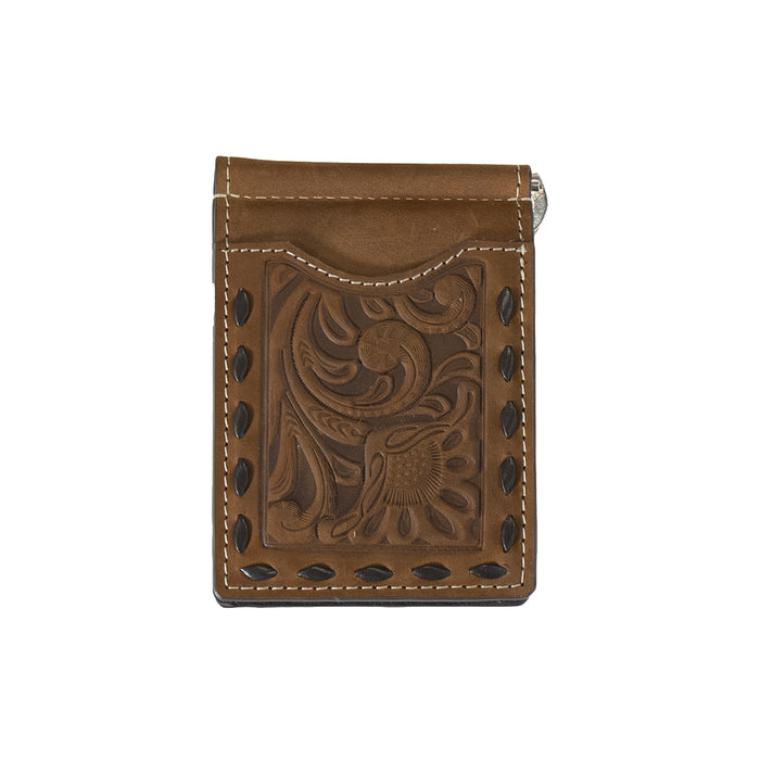 Men's Chocolate Tooled Floral Money Clip Wallet