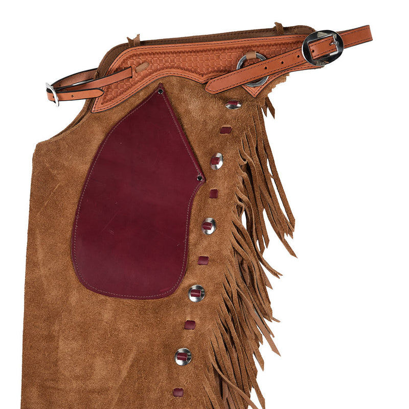 NRS Roughout Tan and Chestnut Lace Medium Chaps with Slotted Conchos