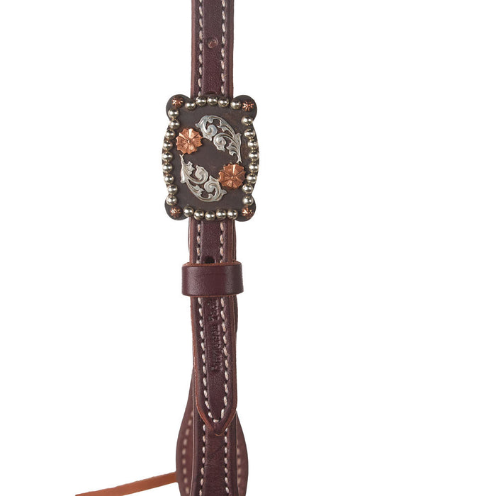 Cowperson Tack Dark Oiled Single Ear Headstall with Copper Floral Buckle
