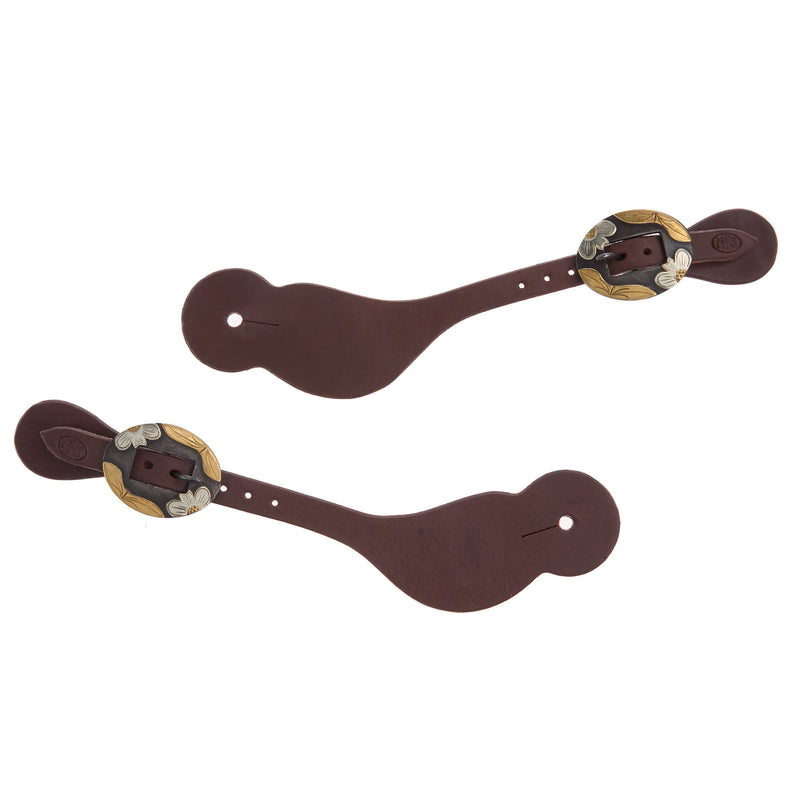 NRS Tack 5/8 Oiled Spur Straps w/ Brass Flower Silver Bar Cart Buckle
