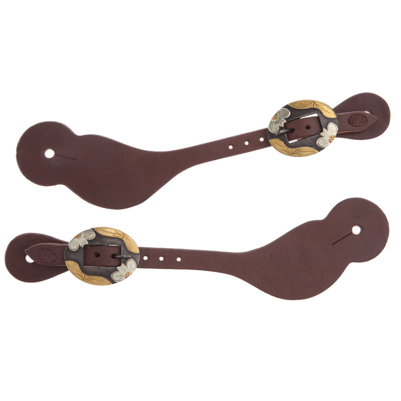 NRS Tack 5/8 Oiled Spur Straps w/ Brass Flower Silver Bar Cart Buckle