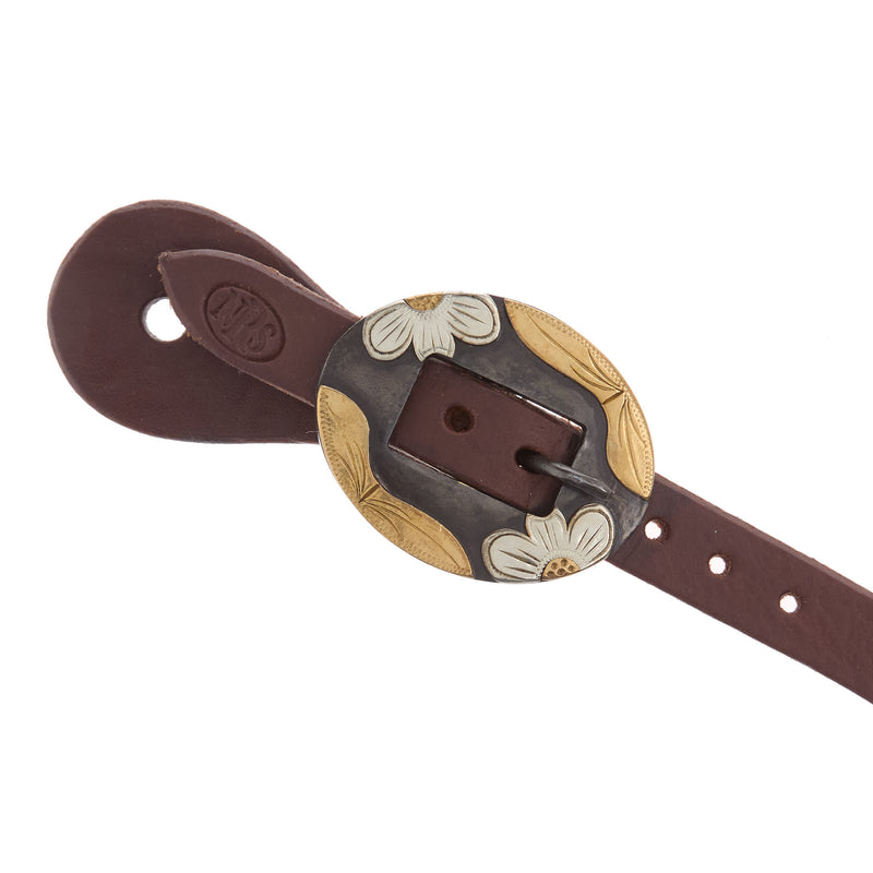NRS Tack 5/8 Oiled Spur Straps w/ Brass Flower Silver Bar Cart Buckle