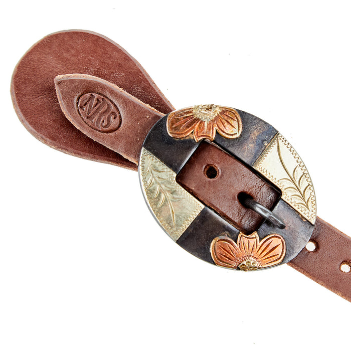 NRS TACK Oiled 5/8 Inch Spur Straps with Copper Flower Sliver Bar Cart Buckles