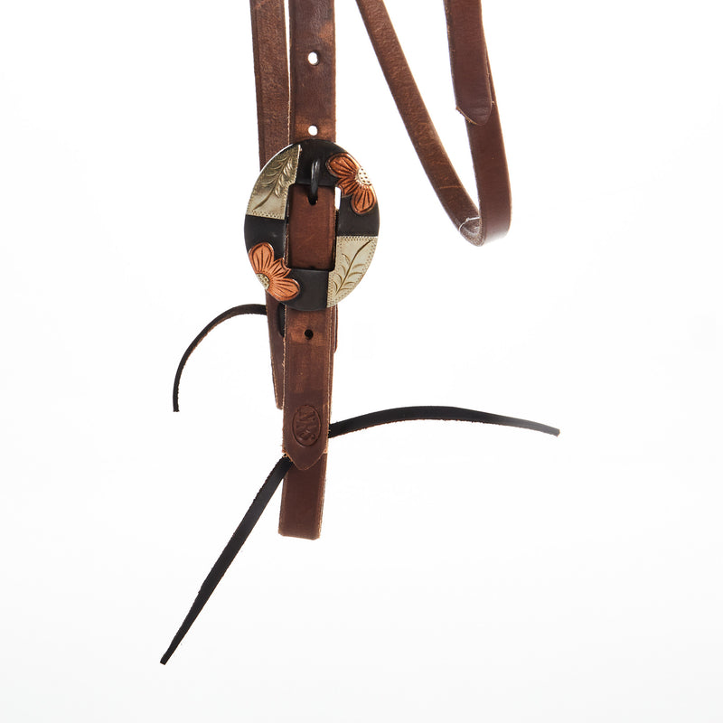NRS TACK Oiled 5/8 Inch Browband Headstall with Copper Flower Silver Bar Cart Buckle