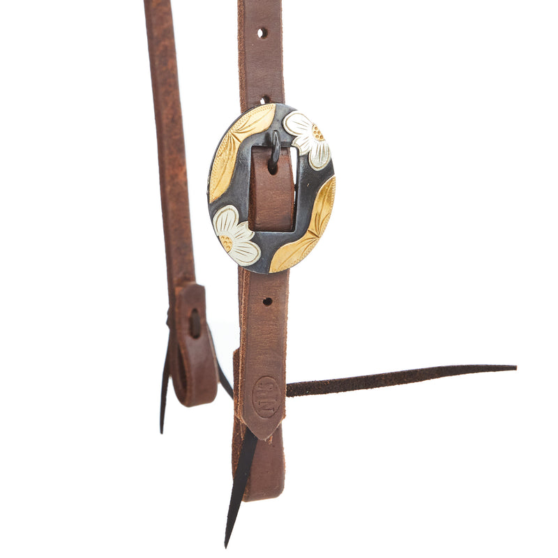 NRS TACK Oiled 5/8 Inch Single Ear Headstall with a Silver Flower Brass Bar Cart Buckle