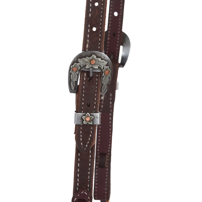 NRS TACK 3/4in Chocolate Roughout Single Ear Headstall with Floral Heel Buckles