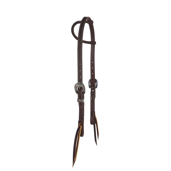 NRS TACK 3/4in Chocolate Roughout Single Ear Headstall with Floral Heel Buckles