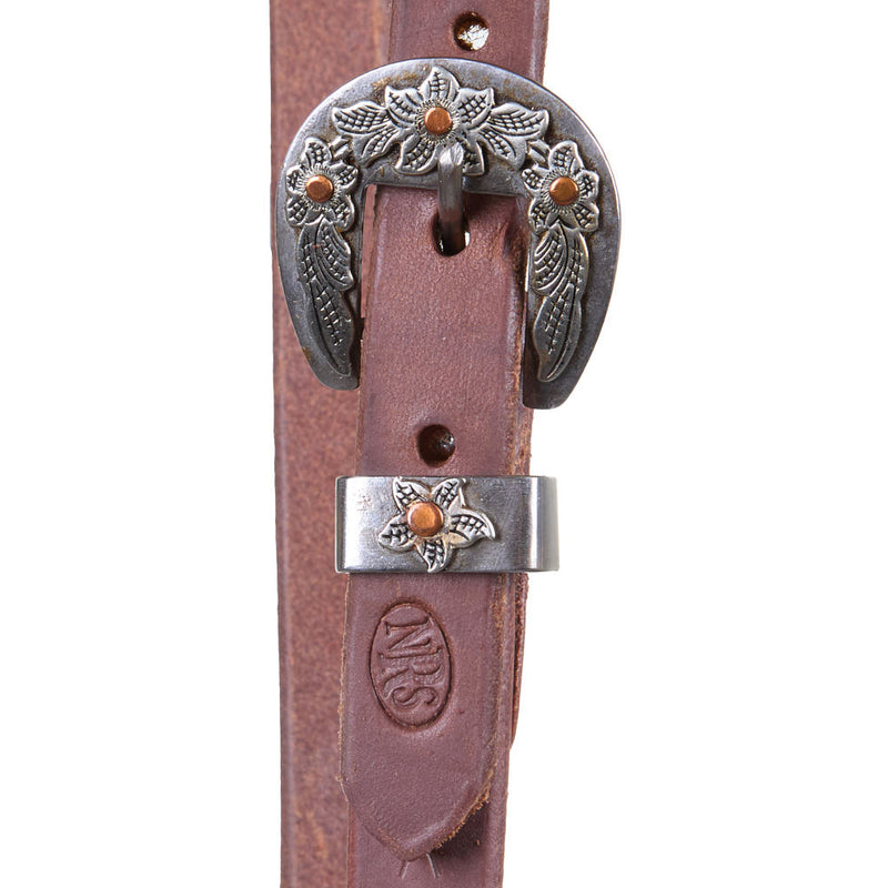 NRS Tack 5/8in Indian Tan Oiled Floral Heel Buckle Rolled Single Ear Headstall