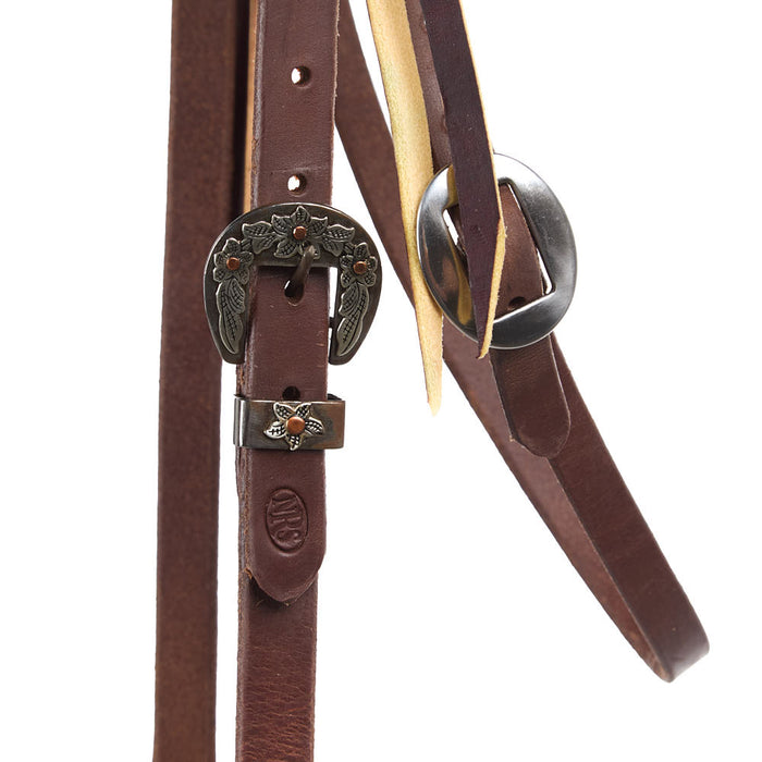 NRS Tack 3/4in Indian Tan Oiled Floral Heel Buckle Knotted Browband Headstall