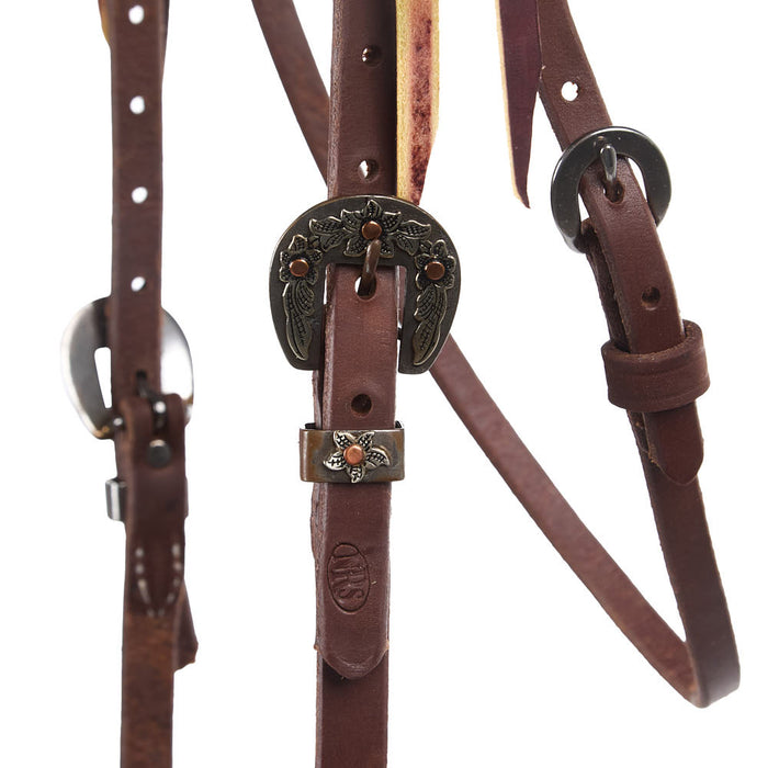 NRS TACK 5/8in Indian Tan Oiled Floral Heel Buckle Knotted Browband Headstall
