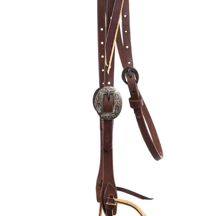 NRS TACK 5/8in Indian Tan Oiled Floral Cart Buckle Knotted Browband Headstall