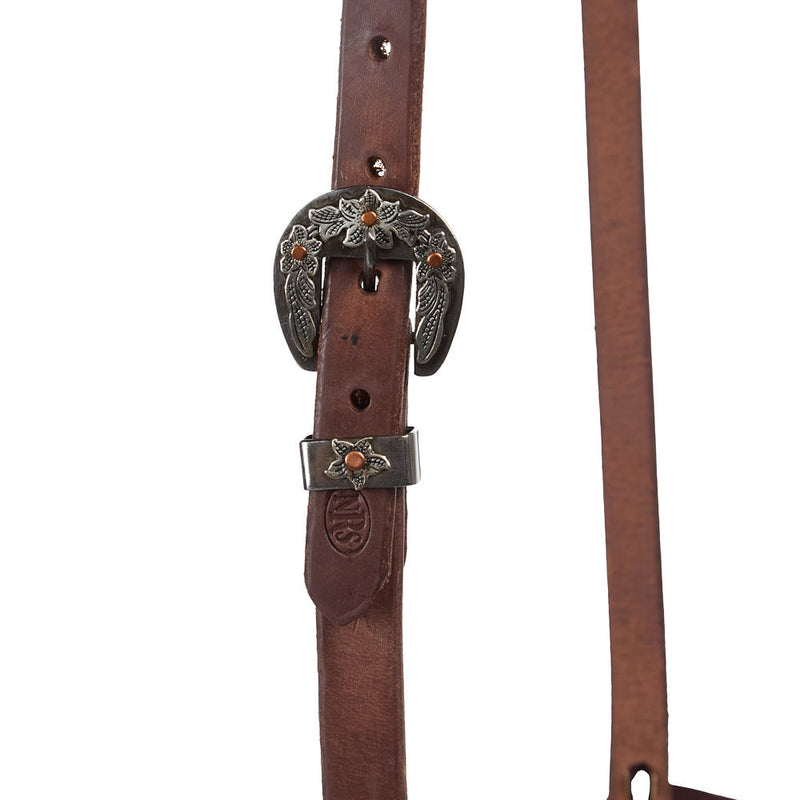 NRS TACK 3/4in Indian Tan Oiled Floral Heel Buckle Single Ear Headstall