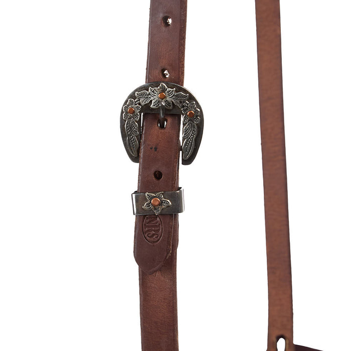 NRS TACK 3/4in Indian Tan Oiled Floral Heel Buckle Single Ear Headstall