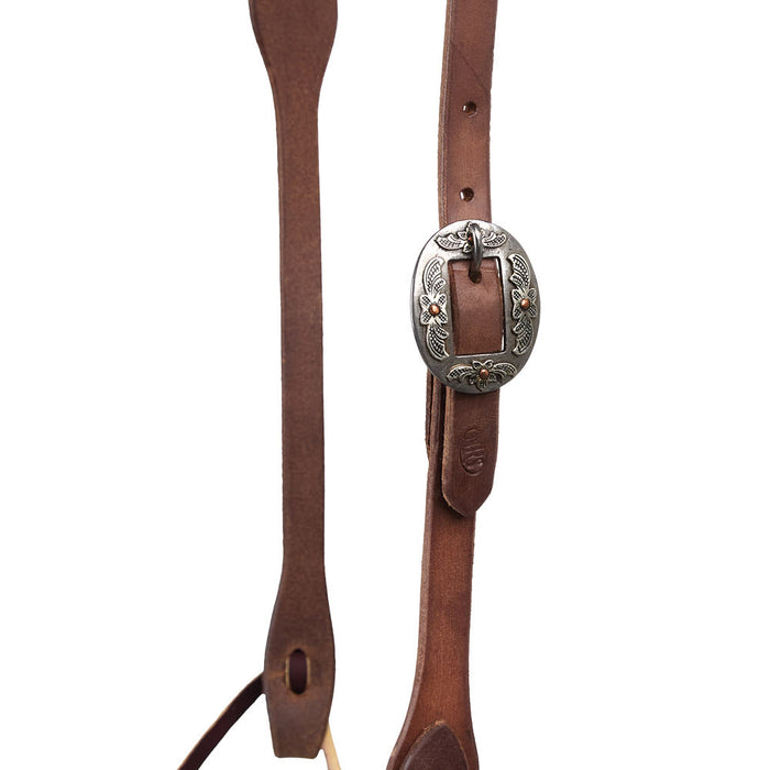 NRS Tack 5/8in Indian Tan Oiled Floral Heel Buckle Slot Ear Headstall