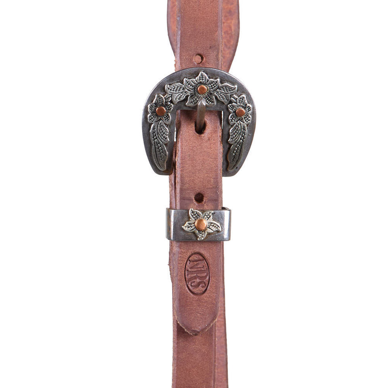 NRS Tack 5/8in Indian Tan Oiled Floral Heel Buckle Slot Ear Headstall