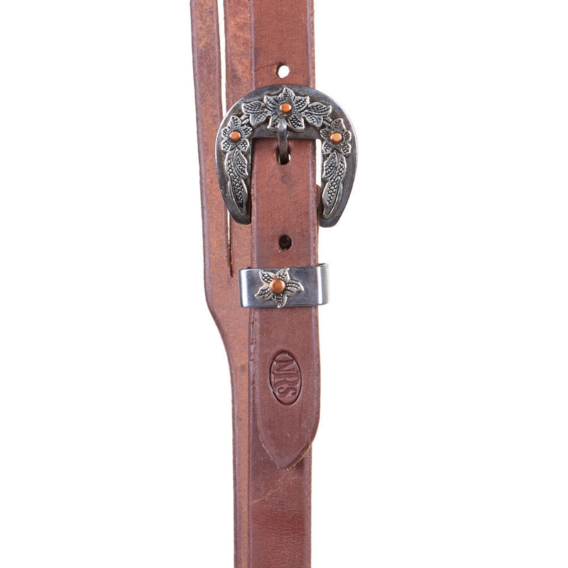 NRS Tack 3/4in Indian Tan Oiled Floral Heel Buckle Slit Ear Headstall