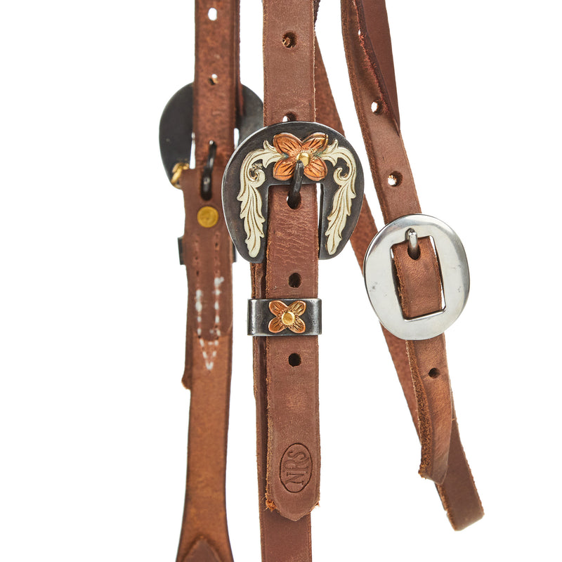 NRS TACK Oiled 5/8 Inch Futurity Knot Double Buckle Browband with Floral Heel Buckles