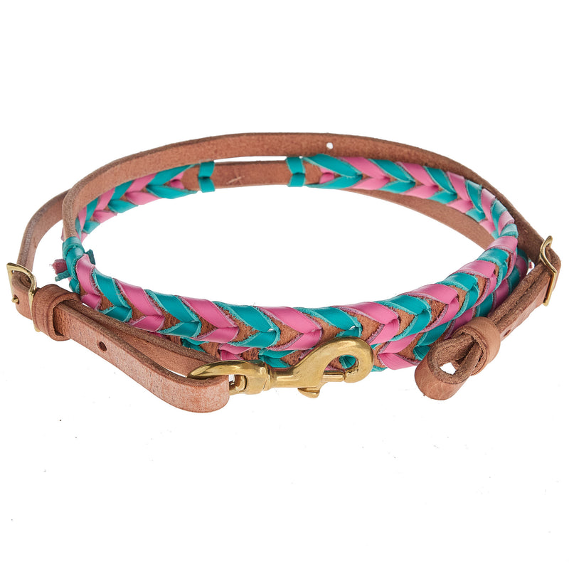 NRS TACK 5/8in Pink and Turquoise Laced Barrel Reins