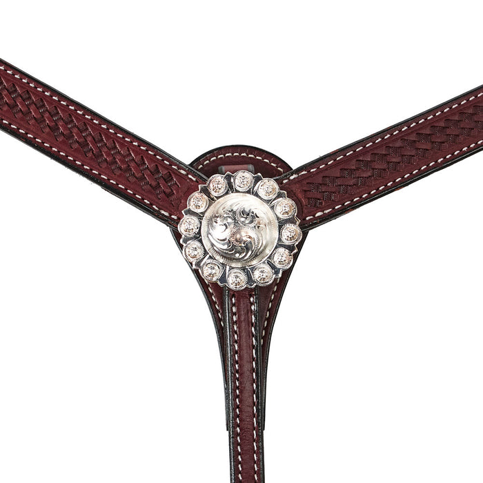 NRS 1 1/4 inch Basket Stamp Breast Collar w/Silver Berry Concho Center