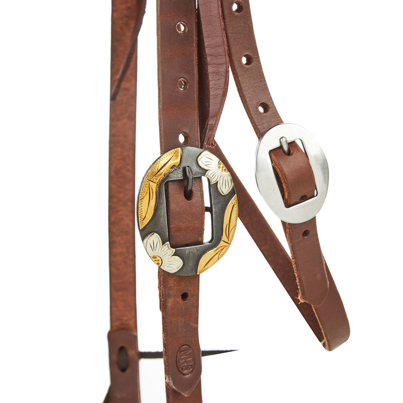 NRS TACK Oiled 3/4 Inch Browband Headstall with Silver Flower Brass Bar Cart Buckle