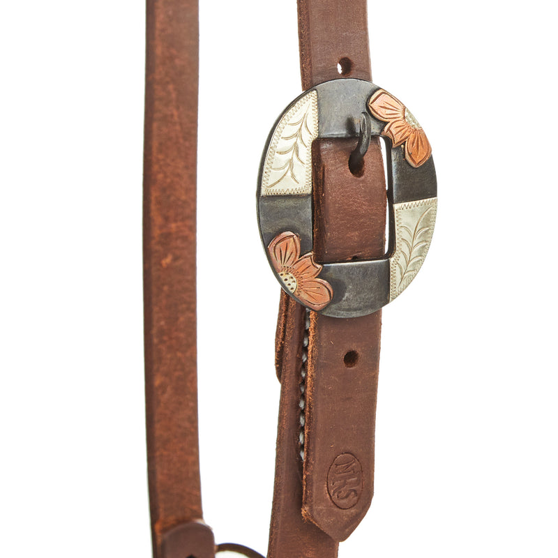 NRS TACK Oiled 3/4 Inch Single Ear Headstall with Silver Flower Brass Bar Cart Buckle