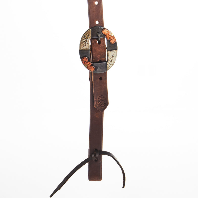 NRS TACK Oiled 3/4 Inch Single Ear Headstall with Silver Flower Brass Bar Cart Buckle