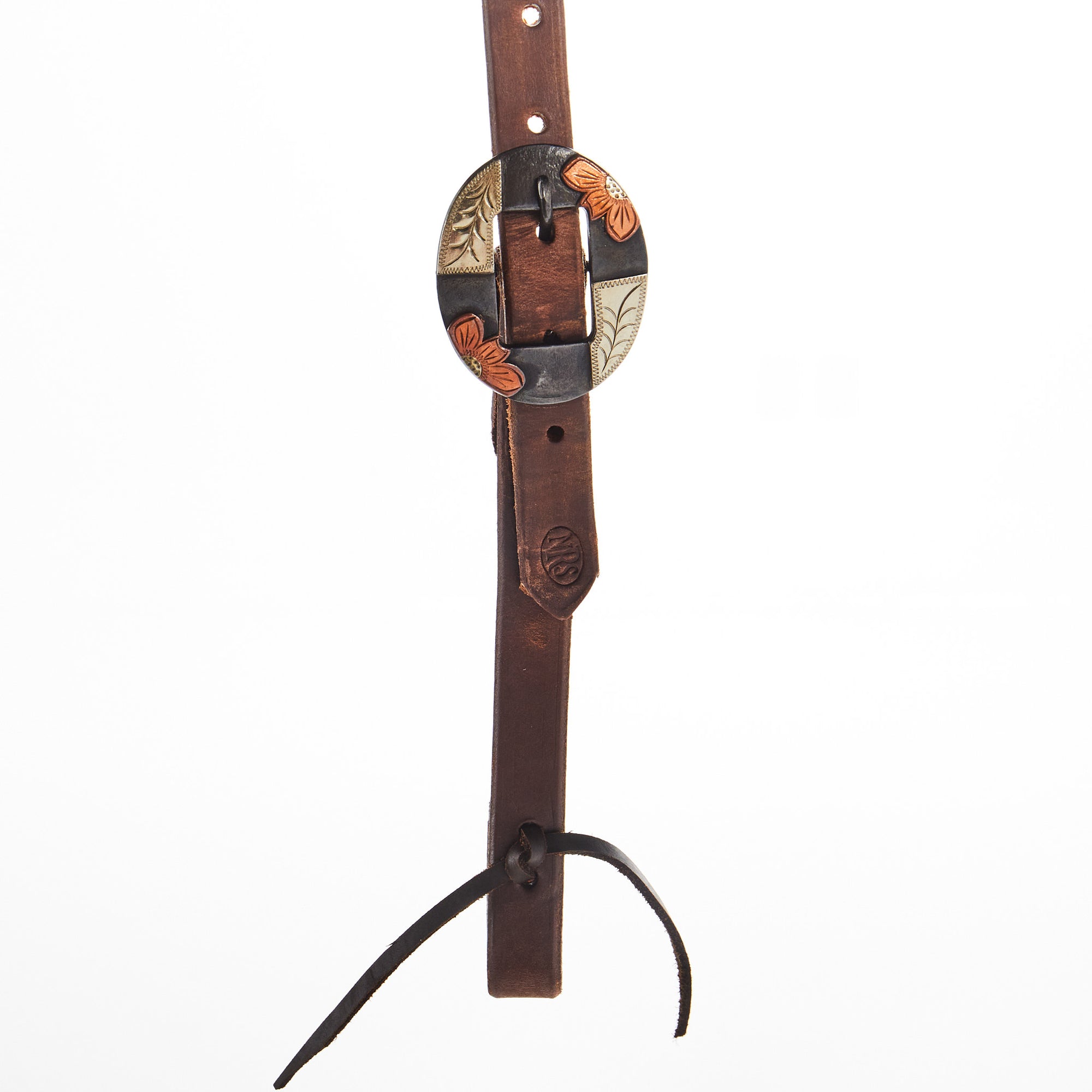 Nrs Tack Oiled 3/4 Inch Single Ear Headstall With Silver Flower Brass