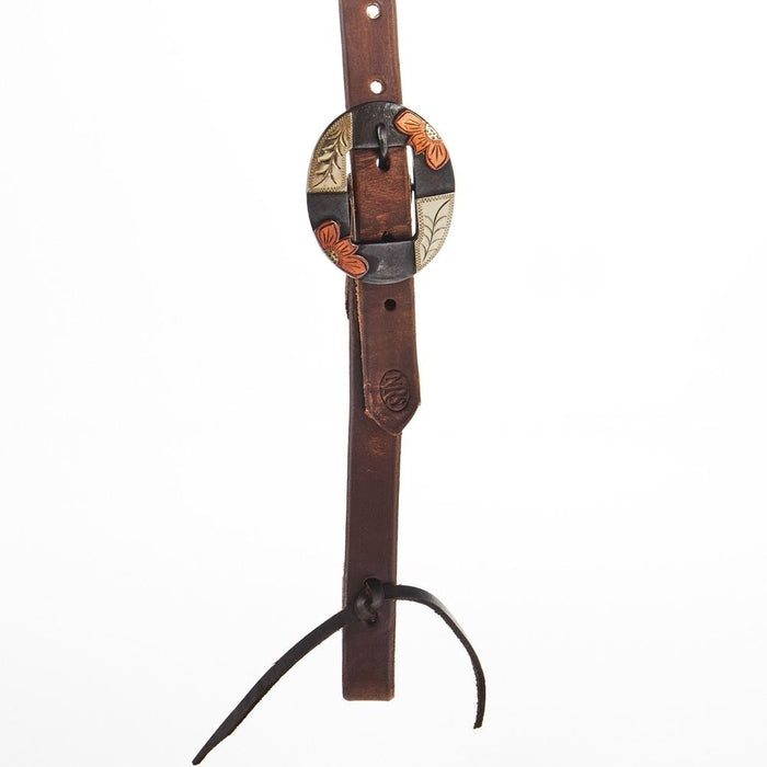 NRS Tack Oiled 3/4 Inch Single Ear Headstall with Silver Flower Brass Bar Cart Buckle