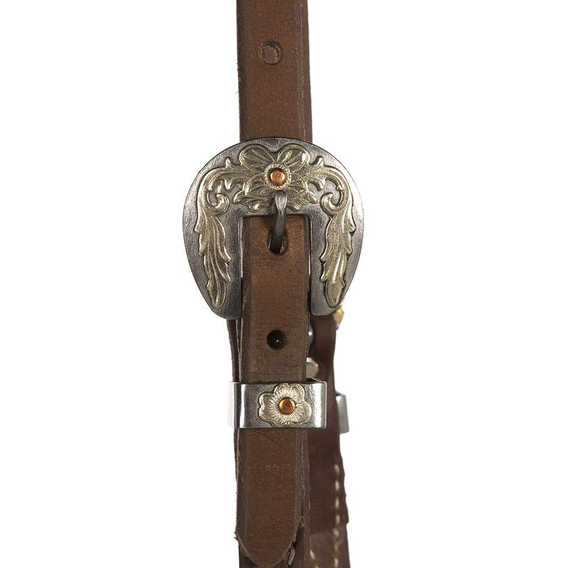 NRS TACK Oiled 5/8 Inch Single Ear Headstall with Floral Heel Buckles