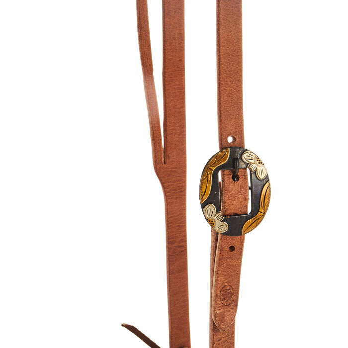 NRS Tack Roughout 5/8 Inch Slit Ear Headstall with Silver Flower Brass Bar Cart Buckle