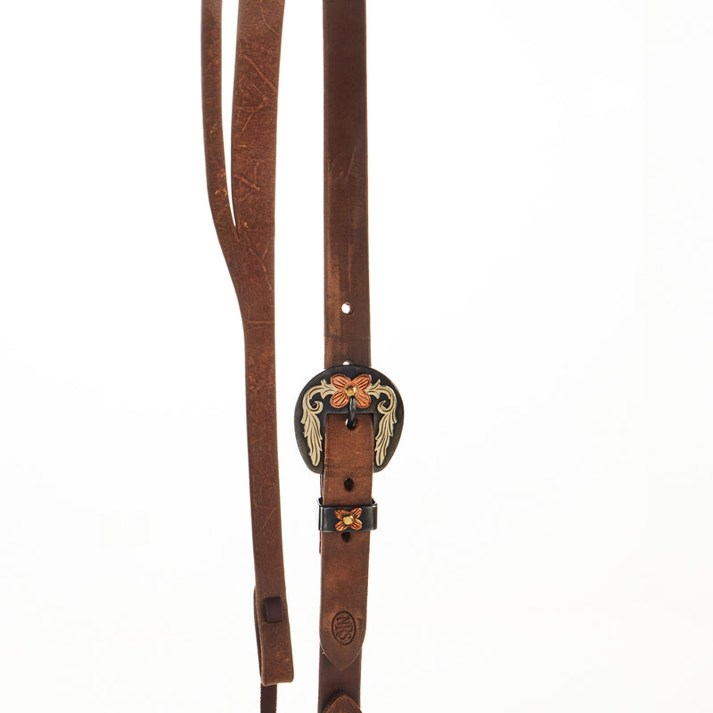 NRS TACK Oiled 3/4 Inch Slit Ear Headstall with Floral Heel Buckle