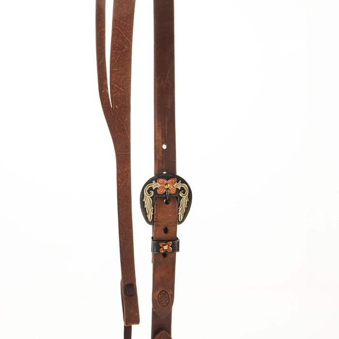 NRS TACK Oiled 3/4 Inch Slit Ear Headstall with Floral Heel Buckle