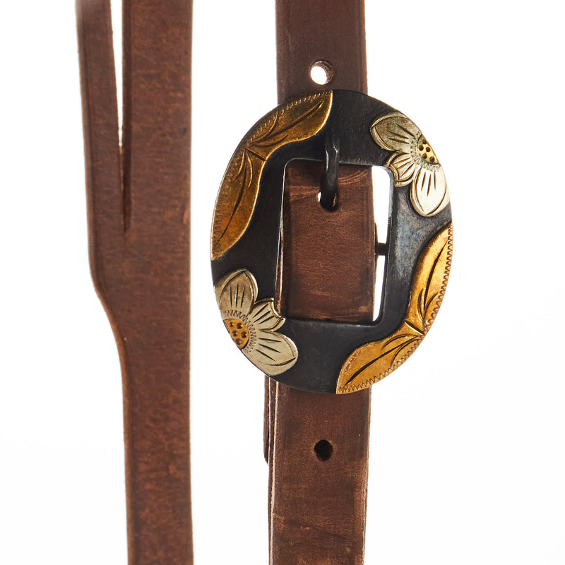 NRS TACK Oiled 3/4 Inch Slit Ear Headstall with Silver Flower Brass Bar Cart Buckle