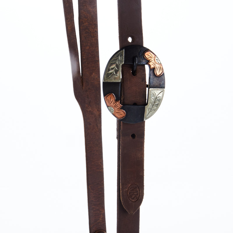 NRS TACK Oiled 3/4 Inch Slit Ear Headstall with Copper Flower Silver Bar Cart Buckle