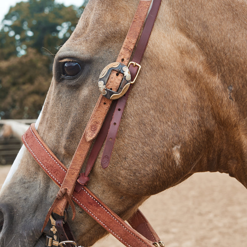 NRS TACK Roughout 3/4 Inch Slit Ear Headstall with Copper Flower Sliver Bar Cart Buckle