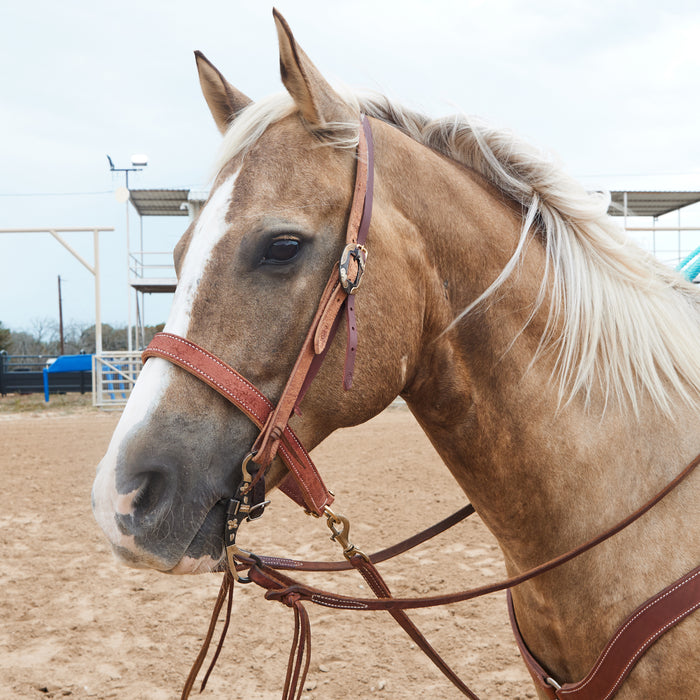 NRS TACK Roughout 3/4 Inch Slit Ear Headstall with Copper Flower Sliver Bar Cart Buckle