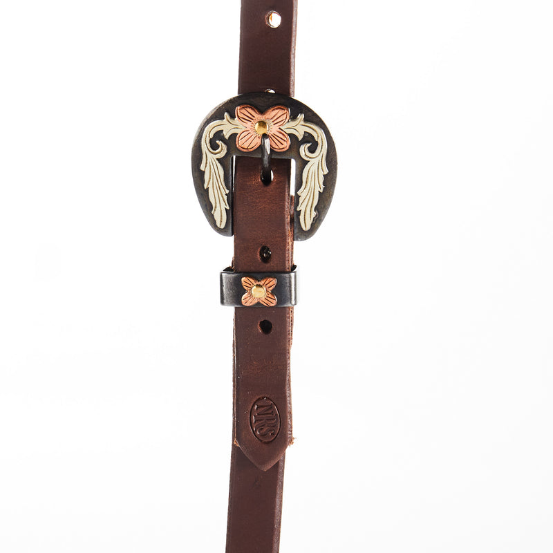 NRS TACK Oiled 3/4 Inch Slit Ear Headstall with Floral Heel Buckle