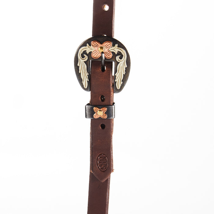 NRS TACK Oiled 3/4 Inch Slit Ear Headstall with Floral Heel Buckle