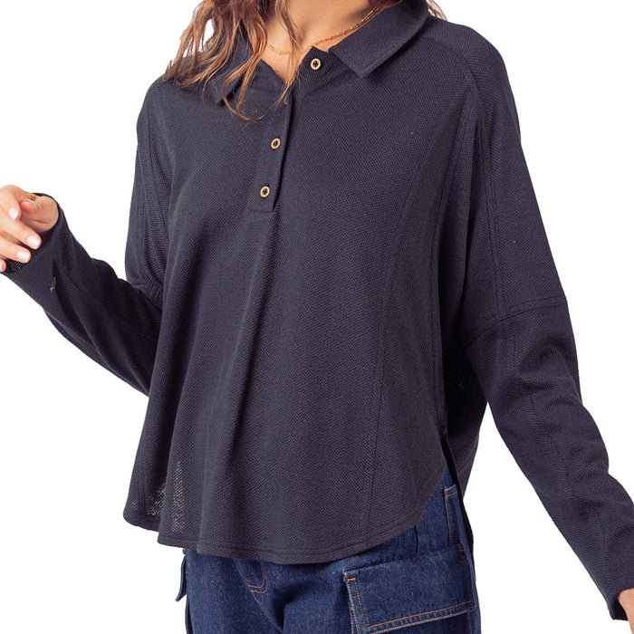 Very J Women's Black Collared Henley Top