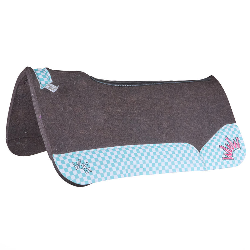 Best Ever Pads 3/4in. Turquoise Checkered with Hot Pink Crowns OG Felt Saddle Pad