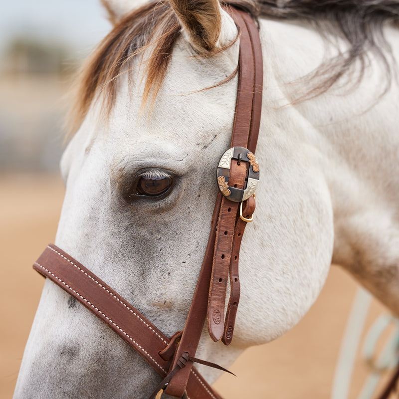 NRS TACK Oiled 3/4 Inch Slit Ear Headstall with Copper Flower Silver Bar Cart Buckle
