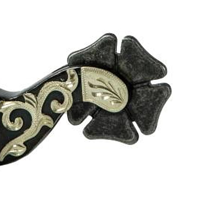 Professionals Choice 1in Band Cloverleaf Rowel Engraved Silver Floral Men`s Spurs
