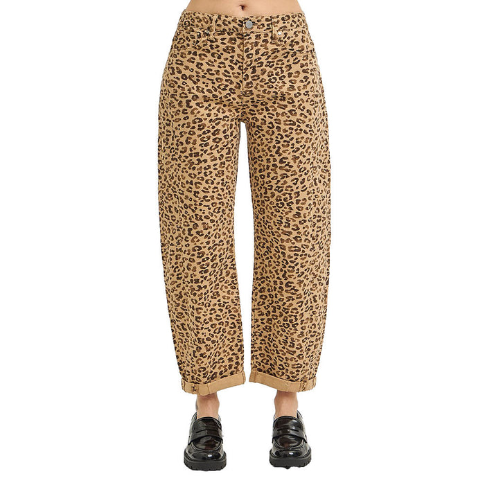 Risen Jeans Women's Camel Leopard Cuff Barrel Pants