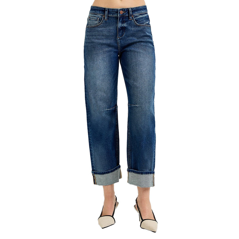Risen Jeans Women's Dark Slouchy Crop Barrel Cuff Jean