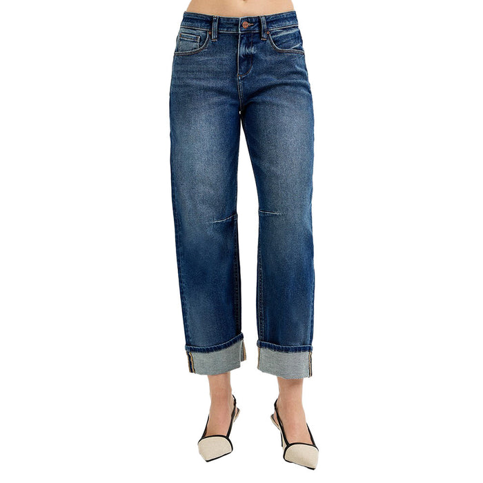 Risen Jeans Women's Dark Slouchy Crop Barrel Cuff Jean
