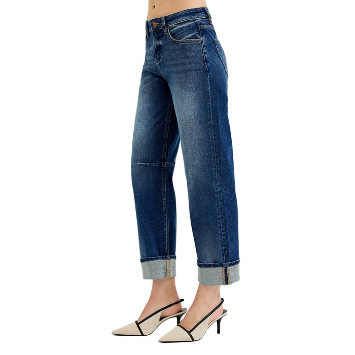 Risen Jeans Women's Dark Slouchy Crop Barrel Cuff Jean